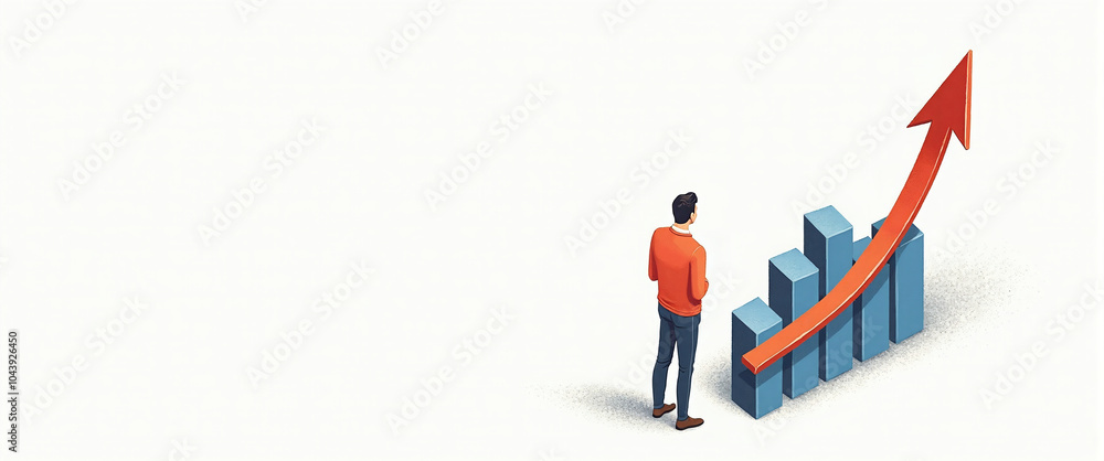 Graphic illustration of a person standing next to a block diagram, constantly growing capital and increasing profit from money deposits, success model Graphic illustration of a person standing next to a block diagram, constantly growing capital and increasing profit from money deposits, success model