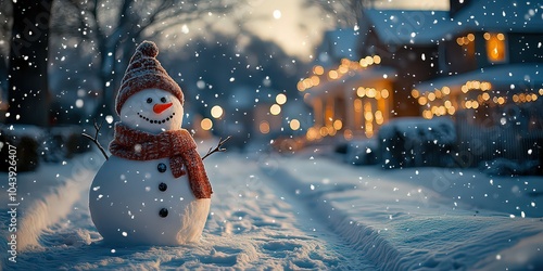  snowman with a carrot nose, button eyes, and a woolen scarf is built in the middle of a suburban yard, creating a classic winter scene. photo