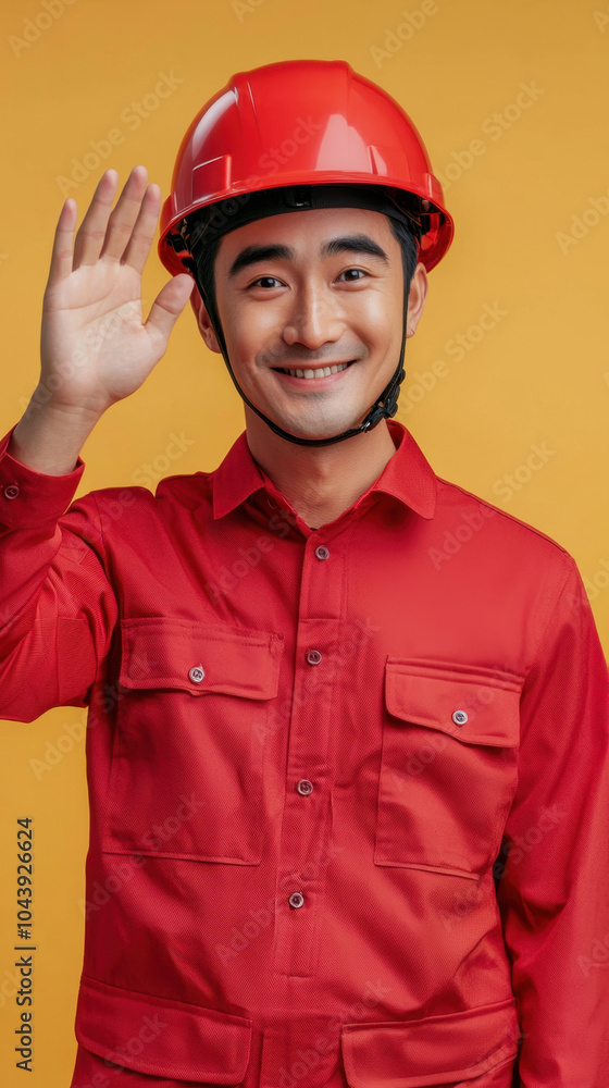 Friendly Asian man in red delivery uniform and helmet waves cheerfully against bright yellow background, showcasing welcoming demeanor Friendly Asian man in red delivery uniform and helmet waves cheerfully against bright yellow background, showcasing welcoming demeanor