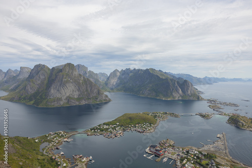 Reine from Reinebringen,view on stunning mountains of Lofoten islands, Norway