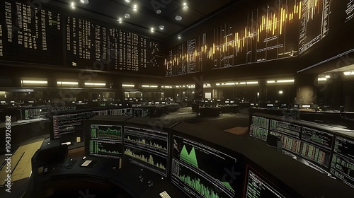 Stock Market Trading Room with Financial Data Displays and Monitors.