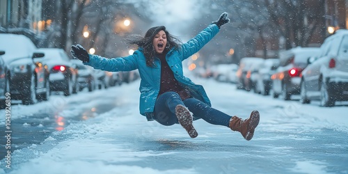  woman loses her balance and slips on an icy sidewalk, arms flailing in the air as she tries to regain control mid-fall.