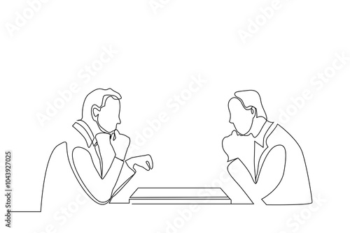 two serious male friends businessman playing chess making strategy plan one line art design vector