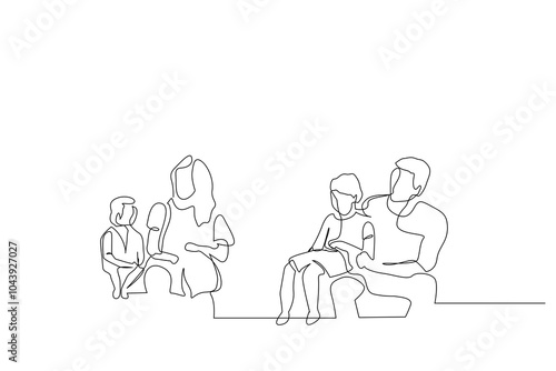 family children mother father having fun together at home playing games relax ttime one line art design vector