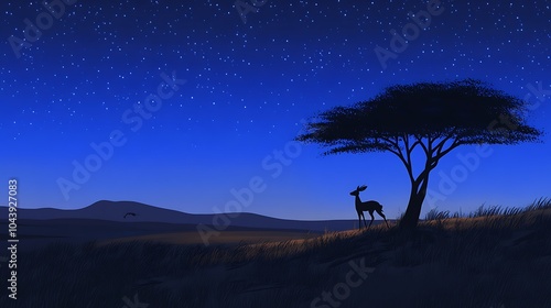 Silhouette of a Gazelle Standing Under a Tree at Night.