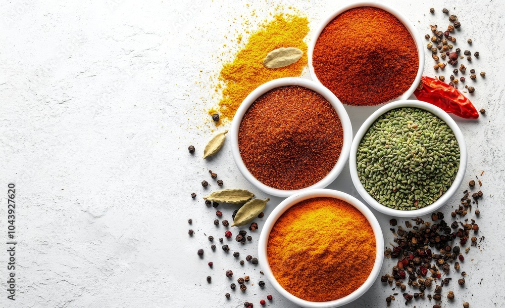 A vibrant array of spices and herbs arranged in bowls on a white surface with green garnish A vibrant array of spices and herbs arranged in bowls on a white surface with green garnish
