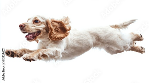 Pure youth crazy. English cocker spaniel young dog is posing. Cute playful white-braun doggy or pet is playing and looking happy isolated on white background. Concept of motion, action, movement. photo