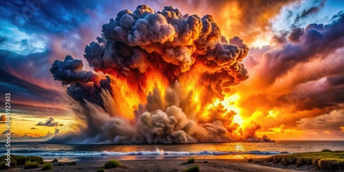 In a breathtaking display, a powerful explosion occurs, casting smoke high into the air while the force of gas release creates a stunning blast effect. photo