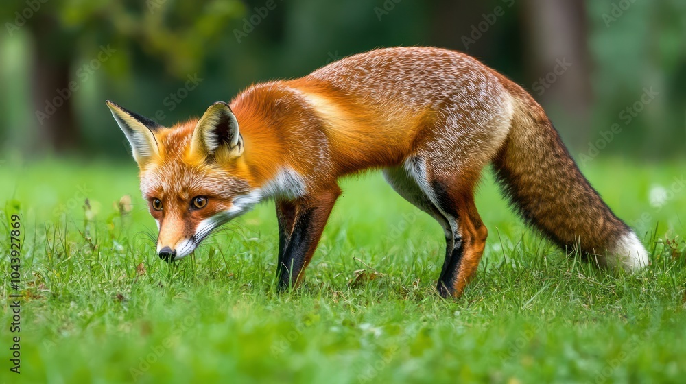 Red Fox hunting, Vulpes vulpes, wildlife scene from Europe. Orange fur coat animal in the nature habitat. Fox on the green forest meadow. Red Fox hunting, Vulpes vulpes, wildlife scene from Europe. Orange fur coat animal in the nature habitat. Fox on the green forest meadow.