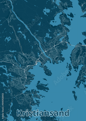 Map of Kristiansand, Norway, rendered in a minimalist style. The map features a deep blue color palette, with white lines representing roads and waterways.