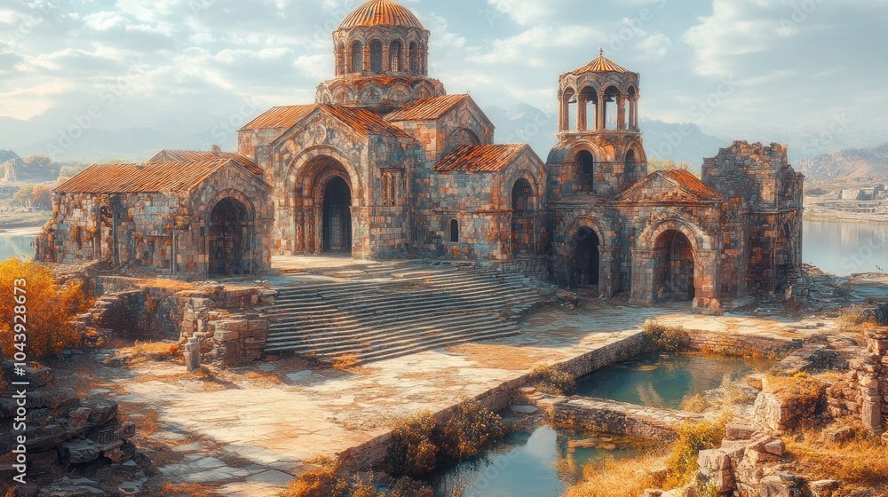 Fototapeta premium Ancient stone church on a hill overlooking a lake with fall foliage.