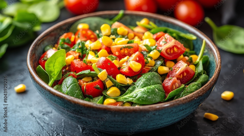 Fresh spinach salad with cherry tomatoes and corn in a rustic bowl on a dark background Fresh spinach salad with cherry tomatoes and corn in a rustic bowl on a dark background