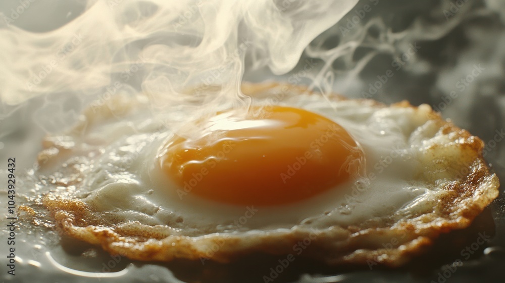 fried egg with a perfectly runny yolk, detailed steam rising in the morning light. fried egg with a perfectly runny yolk, detailed steam rising in the morning light.