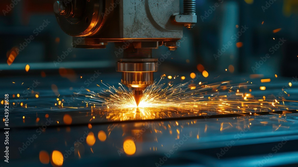 Closeup of a laser cutter cutting through metal with sparks flying. Closeup of a laser cutter cutting through metal with sparks flying.
