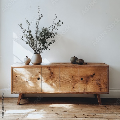Modern wooden sideboard with decorative plants and vase against a minimalist wall
