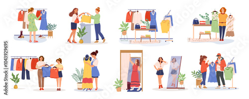 Collection flat vector illustrations people in clothes shop. Buyers shopping in boutique. Fashion women choosing modern clothes on hanger rails. Outfit, apparel, trendy garments choice in showroom