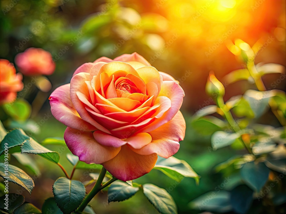 In a sunlit garden, a stunning rose blossoms beautifully, enhanced by a soft bokeh effect that creates an enchanting atmosphere, celebrating nature's exquisite charm. In a sunlit garden, a stunning rose blossoms beautifully, enhanced by a soft bokeh effect that creates an enchanting atmosphere, celebrating nature's exquisite charm.