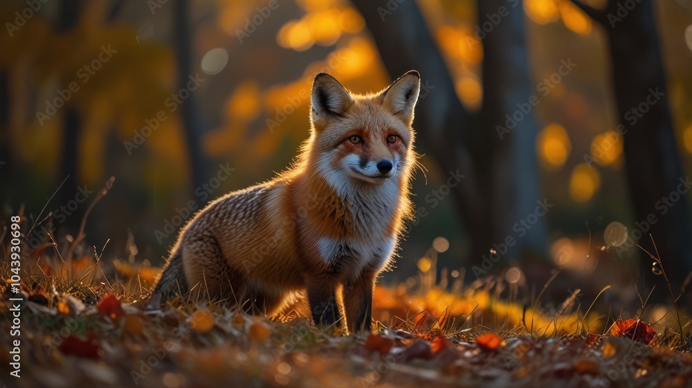 Fototapeta premium A red fox sits in a forest with a blurred golden background.