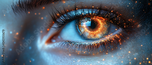 Closeup of a Womans Eye with Sparkling Lights and Galaxy Reflections