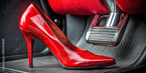 Red high heel boots pushing accelerator pedal to the max photo