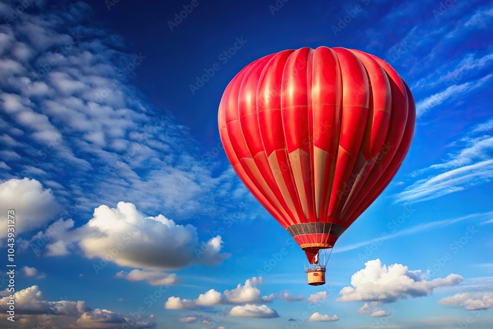 Fototapeta premium Red hot air balloon floating in blue sky panoramic view