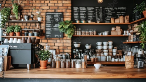 Cozy caf? interior with coffee equipment and plants.