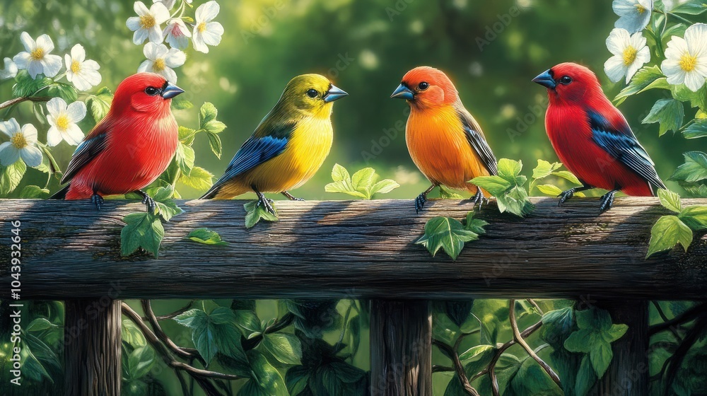 Obraz premium Vibrant plumage shines in sunlight as a trio of finches perch on a rustic wooden fence, surrounded by lush green foliage and delicate white flowers.