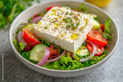 Fresh Greek salad with feta cheese, tomatoes, cucumbers, and herbs, drizzled with olive oil, showcasing vibrant colors and textures. healthy and delicious meal option