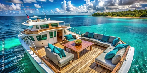 Indulge in serenity aboard a luxury yacht, featuring four comfortable recliners adorned with teal cushions, nestled on the upper deck amidst the tranquil Maldives waters.