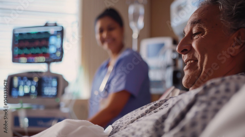 Elderly man in hospital bed receiving care while younger patient rests nearby in a medical facility photo