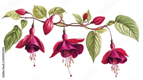 Fuschia Flowers. Red and Purple Blossoms Blooming on Tree Branch with Lush Foliage photo