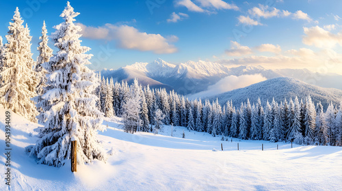 Fantastic winter landscape with snowy trees Carpathian mountains Ukraine Europe Christmas holiday concept