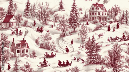 2408 28.A vintage-inspired Christmas Toile de Jouy seamless pattern featuring a winter snow scene with old-fashioned holiday elements, including ornate cottages, sleigh rides, and people gathering