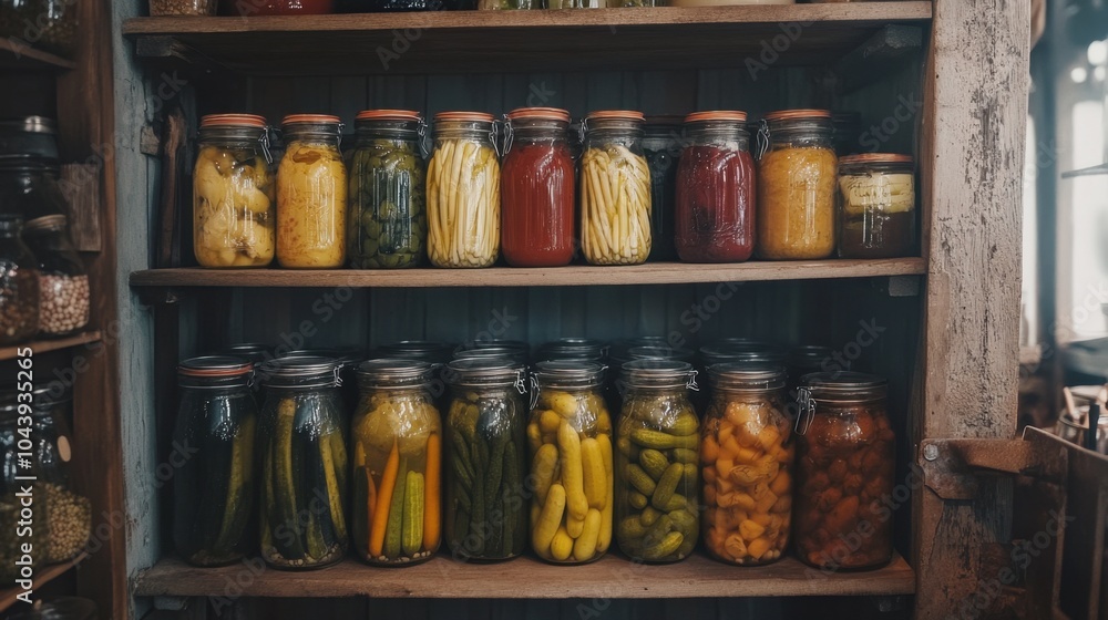 A collection of homemade pickled vegetables in glass jars, each labeled and stored in a rustic kitchen. A collection of homemade pickled vegetables in glass jars, each labeled and stored in a rustic kitchen.