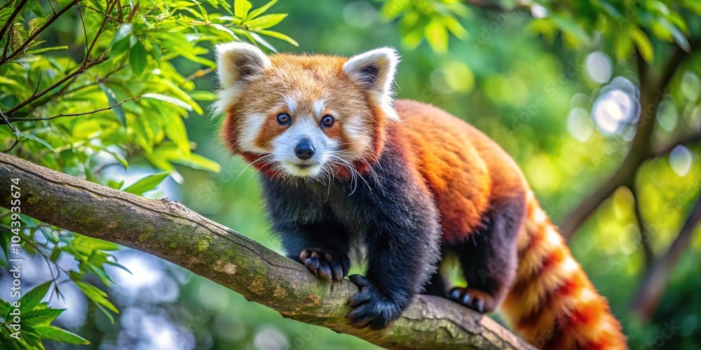 Fototapeta premium Red panda climbing tree