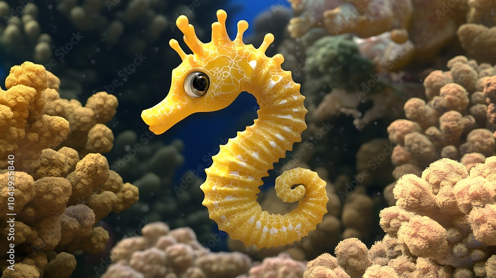 Cute Cartoon Seahorse Swimming Through Coral Reef. Cute Cartoon Seahorse Swimming Through Coral Reef.