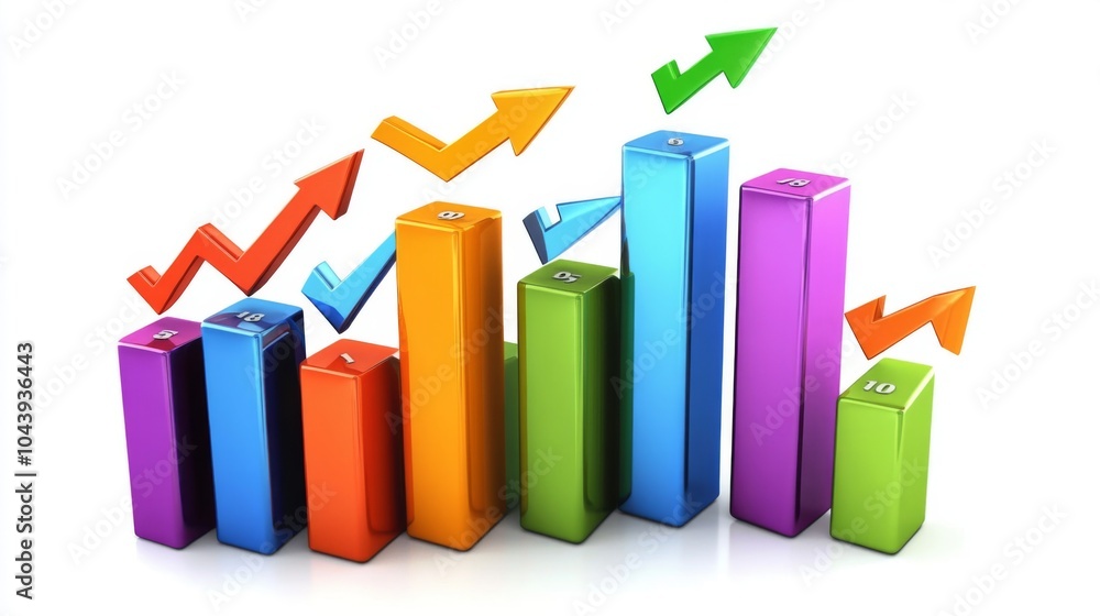 Colorful Bar Graph with Rising Arrows and Growth Indicators Colorful Bar Graph with Rising Arrows and Growth Indicators