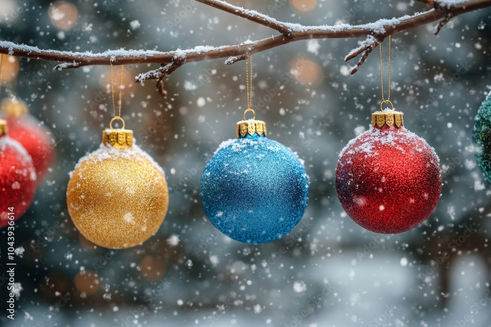 Beautiful ornaments hanging from branches in a snowy winter landscape during the holiday season Beautiful ornaments hanging from branches in a snowy winter landscape during the holiday season