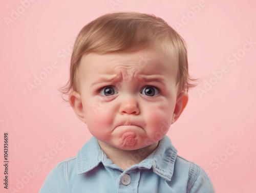 Baby's First Heartbreak: A close-up portrait of a baby with a serious expression, capturing the innocence and vulnerability of childhood. The soft pink backdrop adds a touch of sweetness to the image.