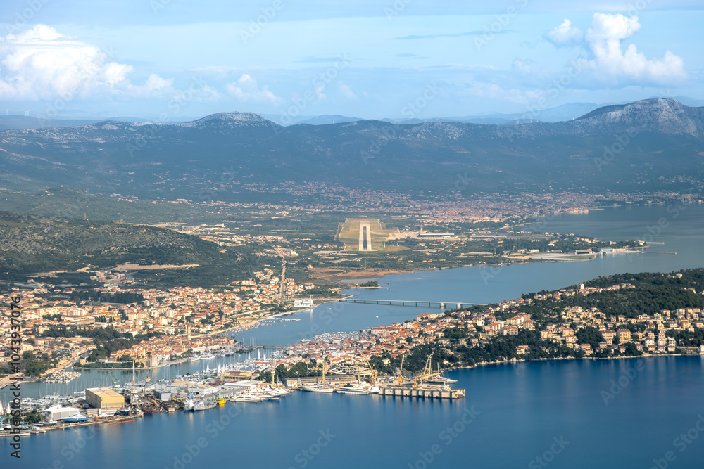 Aerial pilot cockpit view of airport runway and Croatian town city of Split with islands and sea Aerial pilot cockpit view of airport runway and Croatian town city of Split with islands and sea