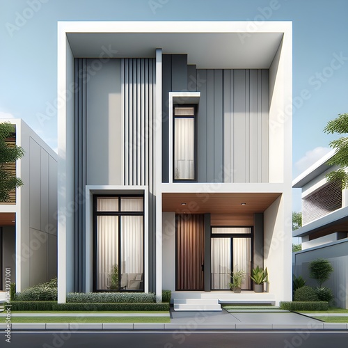 3d house render modern house in white and brown door and two stories
