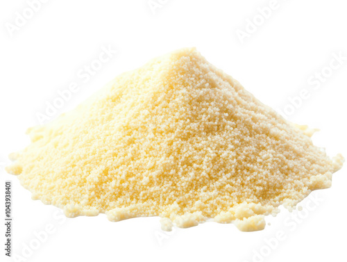 A mound of fine yellow semolina flour on a white background.
