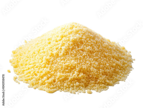 A mound of fine yellow semolina flour on a white background.