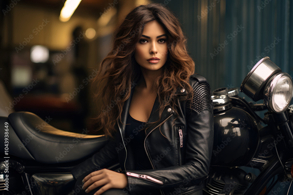 beautiful model woman sitting on a motorcycle, biker girl beautiful model woman sitting on a motorcycle, biker girl