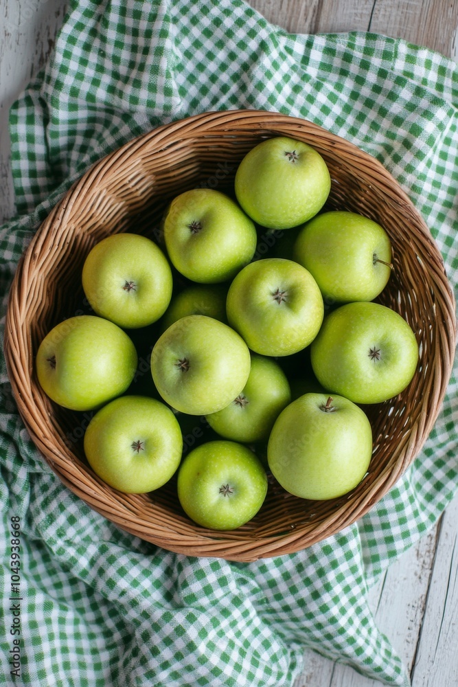 Fresh green apples arranged in a woven basket on a textured cloth background Fresh green apples arranged in a woven basket on a textured cloth background