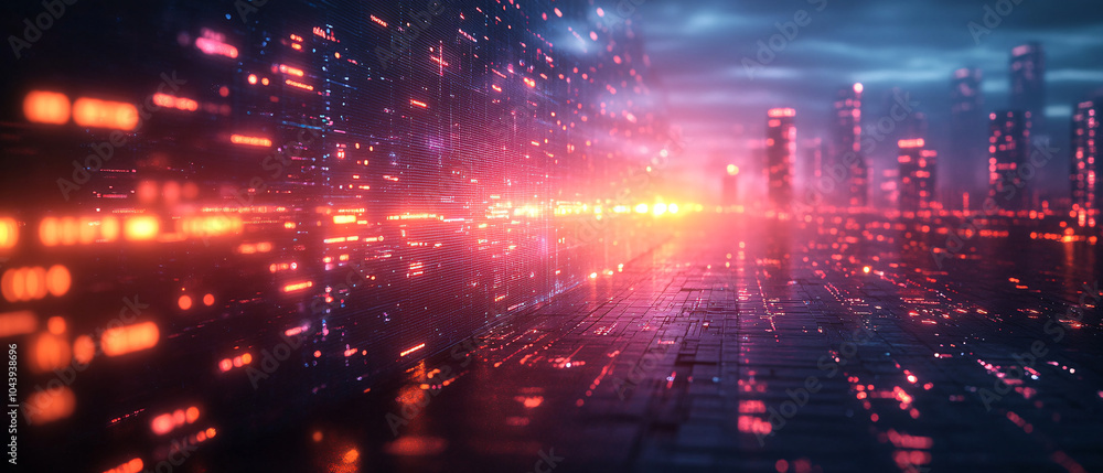 Obraz premium Futuristic Cityscape with Glowing Lights and Data Streams
