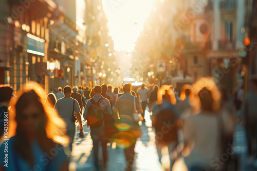 Blurry photo of a crowded city street with people walking and cars driving. Scene is busy and bustling, with the sun shining brightly on the scene