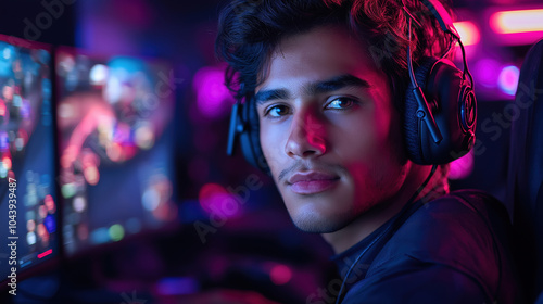 Gamer immersed in a neon lit gaming room with colorful screens