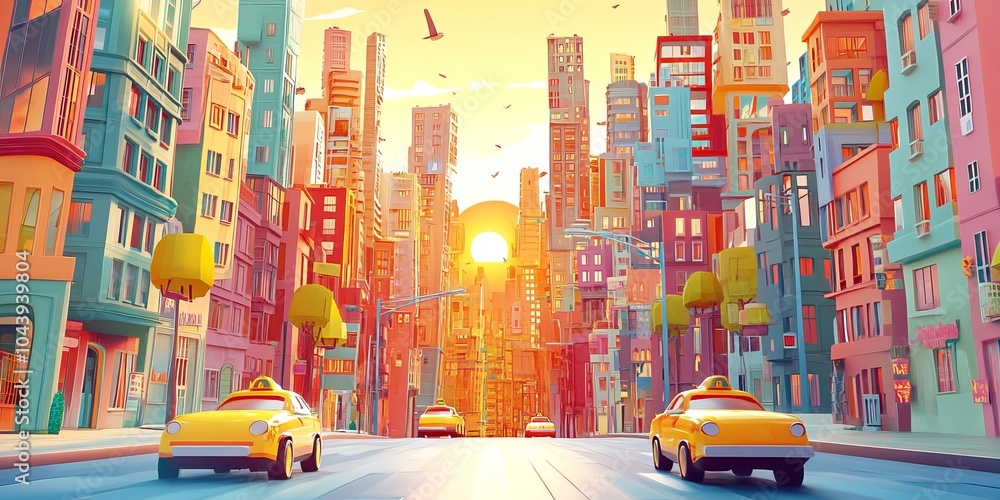A cheerful city scene with the sun rising. Cars are driving down a street, and the buildings are drawn in bright colors. This playful illustration uses a modern, 3D style. A cheerful city scene with the sun rising. Cars are driving down a street, and the buildings are drawn in bright colors. This playful illustration uses a modern, 3D style.