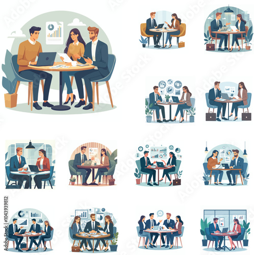 Partners meeting for business discussion with documents and laptop on desk. Couple at round table, speaking, discussing work, partnership. Flat vector on a white background